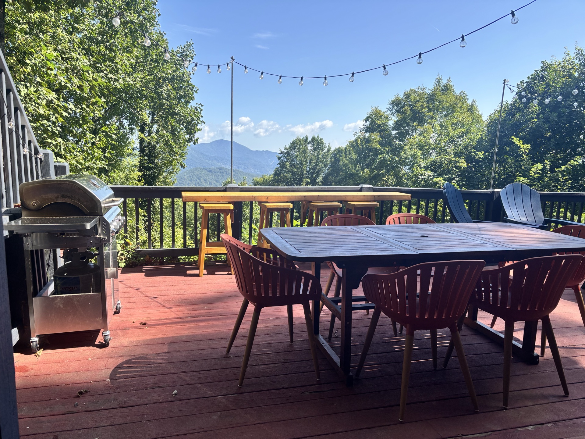 Hot tub on the deck framed by trees