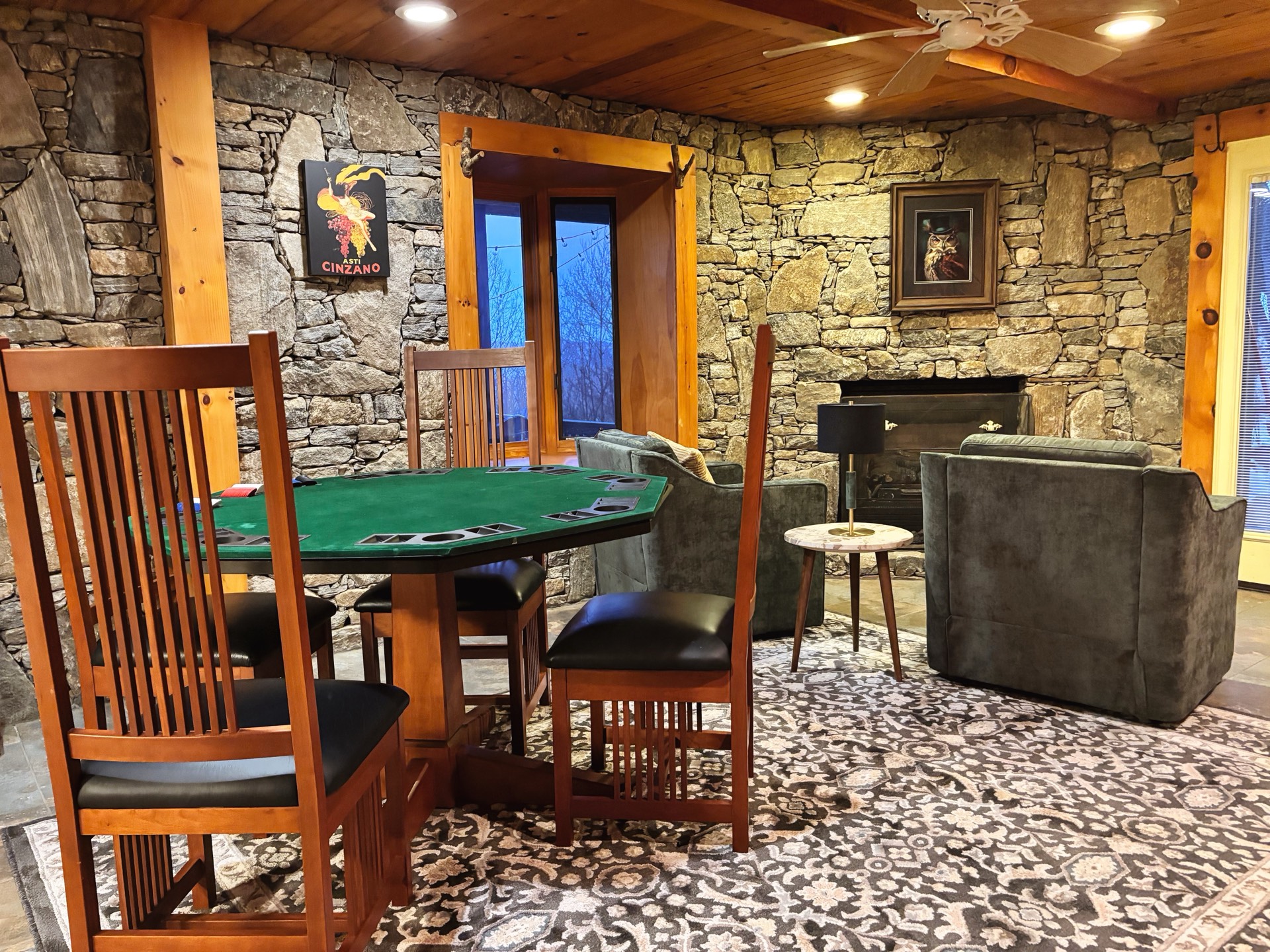 Poker room wide view with stone walls